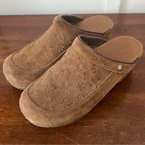 Sanita Brown Suede Mules with Floral Design